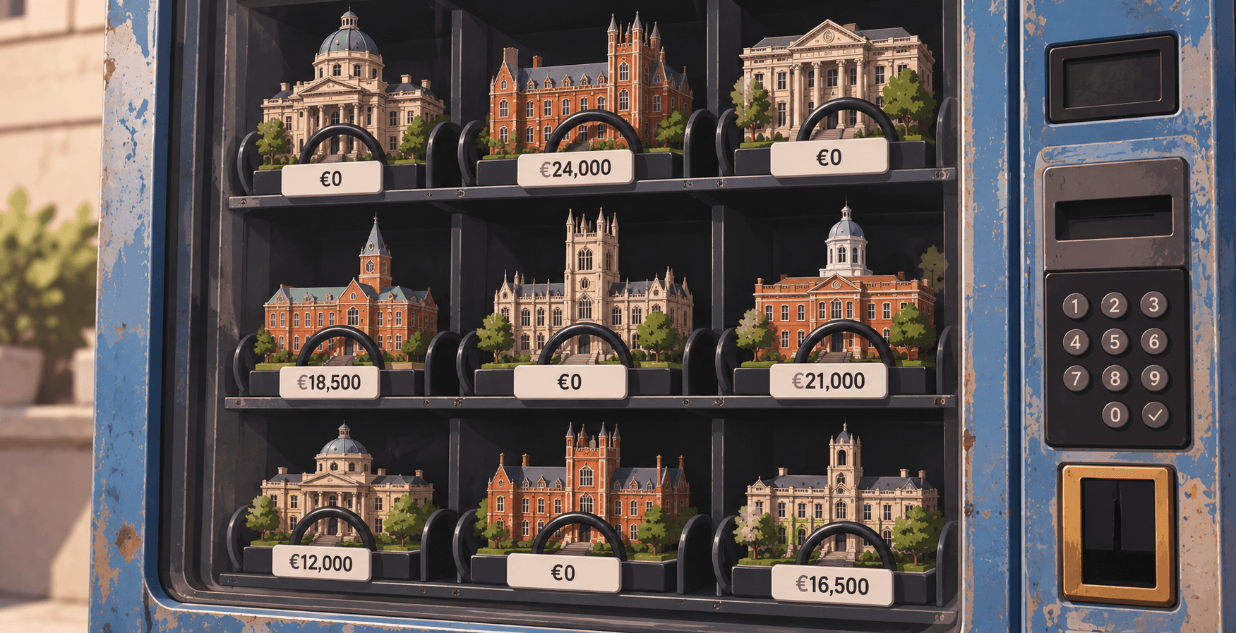 Illustration of a vintage-style vending machine filled with miniature university buildings, each marked with a different tuition price, including several €0 options representing fully funded study opportunities abroad.