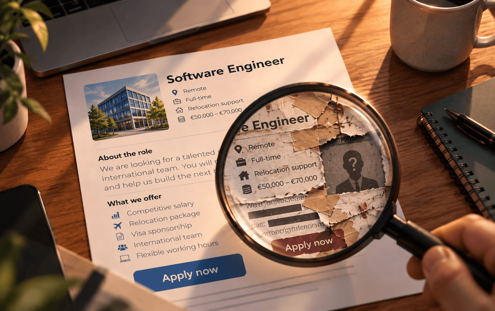 A job offer on a desk viewed through a magnifying glass, revealing torn paper, tape and suspicious details hidden beneath the polished surface.