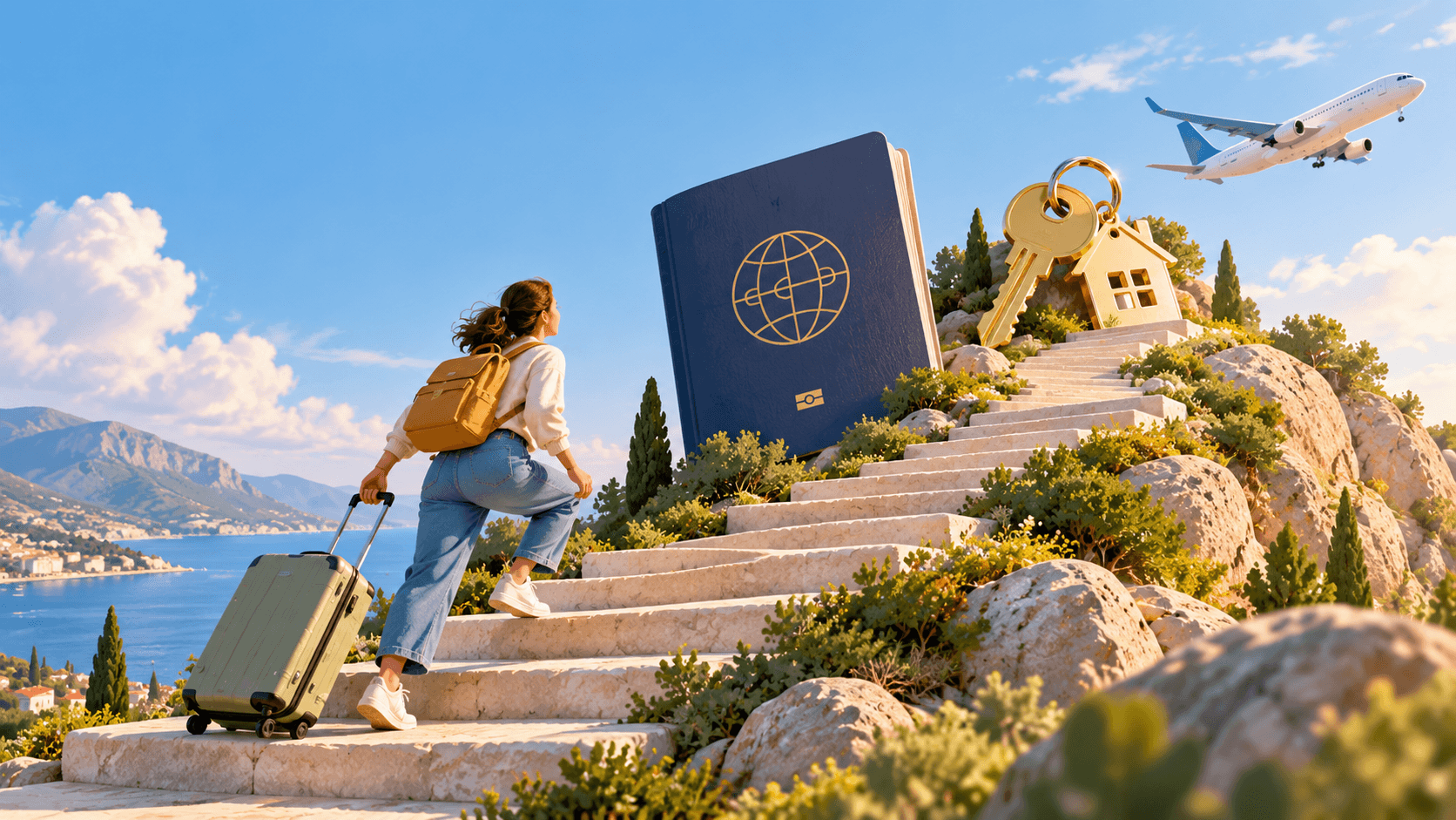 Illustration of a woman climbing a mountain path with a suitcase toward a new life abroad, surrounded by symbols of visa sponsorship, relocation and international work.